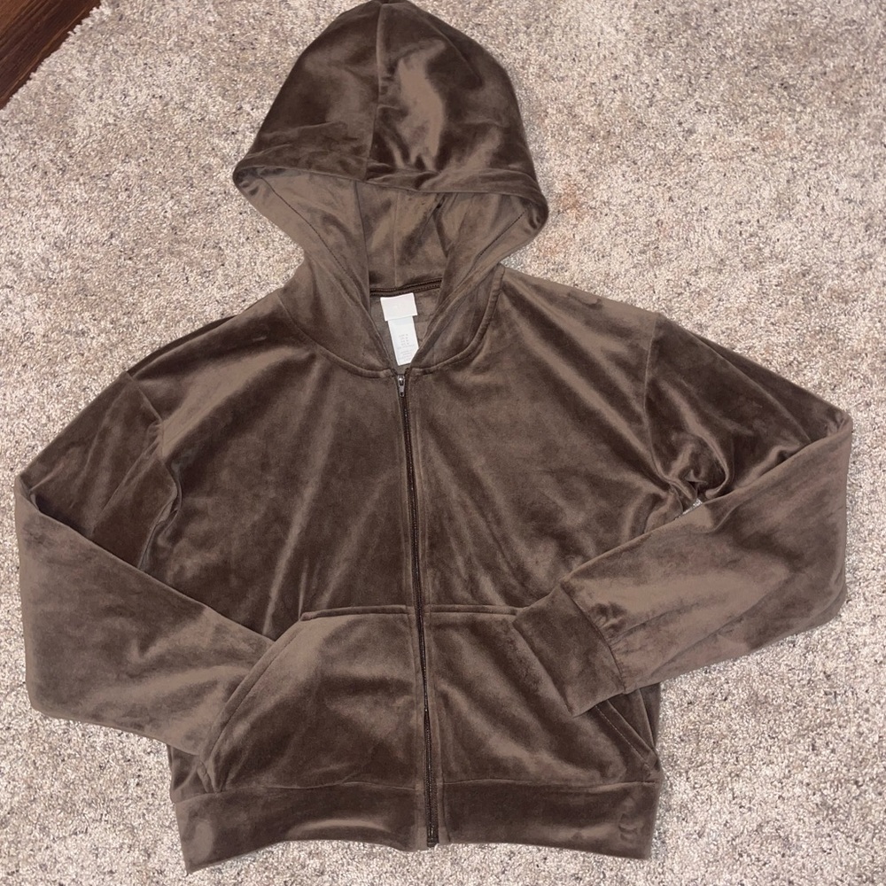 H&M brown velvet valour hooded zip-up jacket